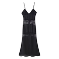 Elegant black satin slip dress with intricate lace stitching and slim fit A-line silhouette - S / Black