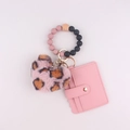 Pink heart plush pendant with beaded silicone wristband and wave-edge card holder wallet - Pink Leopard