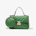 Green quilted handbag set with gold chain strap and matching round coin purse detail - Green