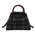 Bolso tote de lana a cuadros retro con asas de madera vintage y solapa de cuero negro - Negro