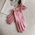 Chic pink suede winter gloves for women featuring elegant golden horsebit buckle hardware - Horsebit Chain / Pink