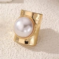 Detailed close-up of a wide hammered gold ring featuring a large centered white pearl inlay - Wide Large Pearl Bead (Gold) (RZ0863fangxing)