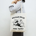 White canvas tote bag with black cartoon animal prints and WE CAN DO IT slogan - Single Layer Animal - Black