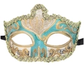 Vintage Venetian masquerade mask in teal and gold with musical note pattern and ribbons - One Size / Sky Blue
