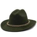 Detail of dark green wool fedora with a decorative gold metal chain accessory - M (56-58cm) / Army Green