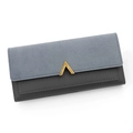 Women's long bicolor PU leather wallet in grey tones with a golden V-shaped metal logo - Gray
