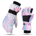 Pink and blue star printed ski gloves with adjustable wrist straps and non-slip palms - Star Pink