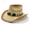 Handmade Western cowboy straw hat with ethnic bead band and hollow breathable design - Medium Denim