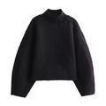 Relaxed black knit mock neck pullover sweater with a textured boucle fleece finish - S / Black