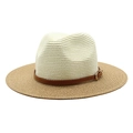 Chapeau Panama bicolore en paille à large bord avec ruban en cuir marron élégant - M (56-58cm) / Blanc Cassé + Kaki