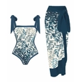 Dreiteiliges Bikini-Set mit Tropenblatt-Print und passendem langen Wickelrock in Petrol - S / Oberteil Und Unterteil / Blaue Blatt-Serie
