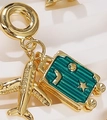 Golden travel charm with airplane and green enamel suitcase for DIY jewelry making - Green Suitcase Plane