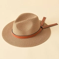 Klassischer Herren Strohhut Fedora mit braunem Lederband für Reise und Strand - Einheitsgröße / Khaki