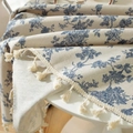 Nappe en lin avec motif floral bleu et glands beige pour table ronde de salle à manger - 60*60cm / Floral Bleu avec Glands