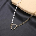 Asymmetric gold paperclip chain and white pearl necklace with heart carabiner clasp - Asymmetric Heart Carabiner Pearl Necklace