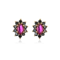 Close-up of 18K gold flower earrings featuring pink oval and black round zircon stones - Pink & Black Sunflower