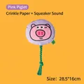 Pink pig squeaky pet toy with rope handle and internal crinkle paper for dogs - Pink Pig