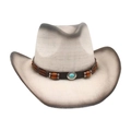 Western straw cowboy hat in cream white with turquoise bead and leather band decoration - One Size / White (Wood Beads Blue Stone)