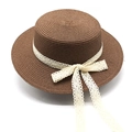 Detail of the woven texture and cream lace bow on this dark brown boater sun hat - M (56-58cm) / Coffee