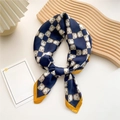 Elegant navy blue silk scarf with yellow borders and geometric patterns for women - Horseshoe Geometry Navy