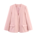 Chaqueta casual rosa para mujer con solapa y bolsillos dobles sobre fondo blanco - S / Rosa