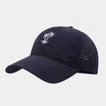 Detail view of navy blue mesh baseball cap featuring white palm tree embroidery and laser holes - Adjustable / Navy Blue
