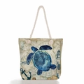 Dettaglio della borsa da spiaggia in tela con stampa di tartaruga e manici in corda di cotone - Stampa Tartaruga Marina Acquerello (ms4537b)
