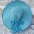 Cappello da sole in paglia blu brillante a tesa larga con grande fiocco a rete da donna - Taglia Unica (55-58cm) / Celeste