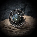 Macro shot of natural labradorite gemstone set in a vintage wire-wrapped bird nest ring - Adjustable Open / Dark Grey (Iridescent Blue)