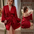 Elegant red silk satin lace robe set with matching waist belt for a sexy lounge look - One Size / Burgundy