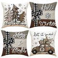 Set of 4 Christmas linen pillow covers with pink elk and festive letter prints - 18x18 Inch / Vintage Country Set / Set of 4