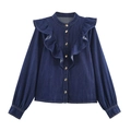 Set donna in denim blu scuro con camicia a balze, bottoni dorati e pantaloni lunghi - XS / Camicia di jeans blu scuro a maniche lunghe con volant