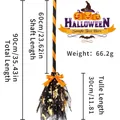 Halloween witch broom with measurements: 90cm total length, orange and black striped handle - Gold Witch Hat Black Broom (Bow + Ribbon)