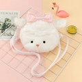 White plush lamb coin purse with pink lace bow and adjustable shoulder strap - White Lamb