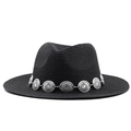 Detail of black straw fedora hat featuring a silver sunflower metal chain decoration - Black