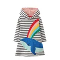 Striped girls' long sleeve hooded dress with colorful whale and rainbow embroidery - 3T/Recommended Height 90-95cm / Top - Black and White Striped Whale Rainbow (7806)