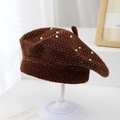 Detail of dark brown knitted beret for girls with pearl beads and shimmering metallic thread - 50-52cm (2-4 Years) / Coffee