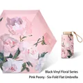 Pink peony 6-fold flat umbrella with black glue coating and matching hard storage case - Black Pole Black Glue Pink Peony Shading