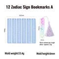 Detailed size specifications of 12 zodiac bookmark resin mold with finished glitter samples - 12 Zodiac Bookmark Mold A