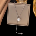 Elegant silver snake chain Y-necklace featuring a large white pearl and polished metal bead - H6031 Lariat Pearl / Steel
