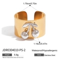 Adjustable golden stainless steel ring featuring 3D silver cherry design detail - Gold Band Silver Cherry (JDR0304010-PS-2)