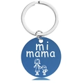 Detail of blue stainless steel keychain pendant with Mi Mama text and mother icon - Blue Keychain (Y00036)