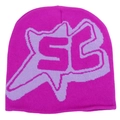 Detail of fuchsia beanie showing textured knit and purple SC letter graphic patterns - Light Purple