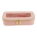 Pink rectangular makeup bag with clear top window and gold double zippers for travel - Rectangle / Water Pink