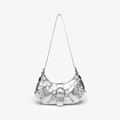 Silver crocodile pattern shoulder bag with metallic finish and rivet details - Smooth Silver