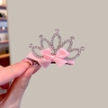Pink ribbon bow hair clip with sparkling silver rhinestone crown for girls - Crown Five-Diamond Marquise Style 10