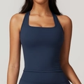Navy blue square neck sports vest with halter straps for yoga and fitness - Navy Blue