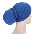 Navy blue elastic chemo turban headscarf with stylish back-tie design on a white background - Sapphire Blue