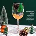 Hand-painted 450ml Christmas wine glass with pine needle and festive bell designs - Pine Needle