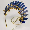 Detail of lapis lazuli crystals and golden metal leaves on the bohemian crown headband - Lapis Lazuli Gold Wire Gold Leaves